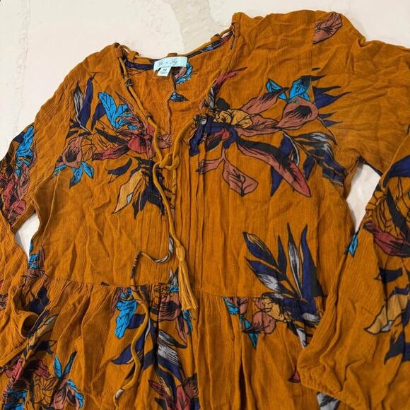 She + Sky Floral Tassle V-Neck Peasant Blouse Women’s Medium Mustard Yellow Boho - Picture 3 of 6